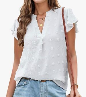 B white notched neck blouse with ruffled cap sleeves and textured Swiss dot patt